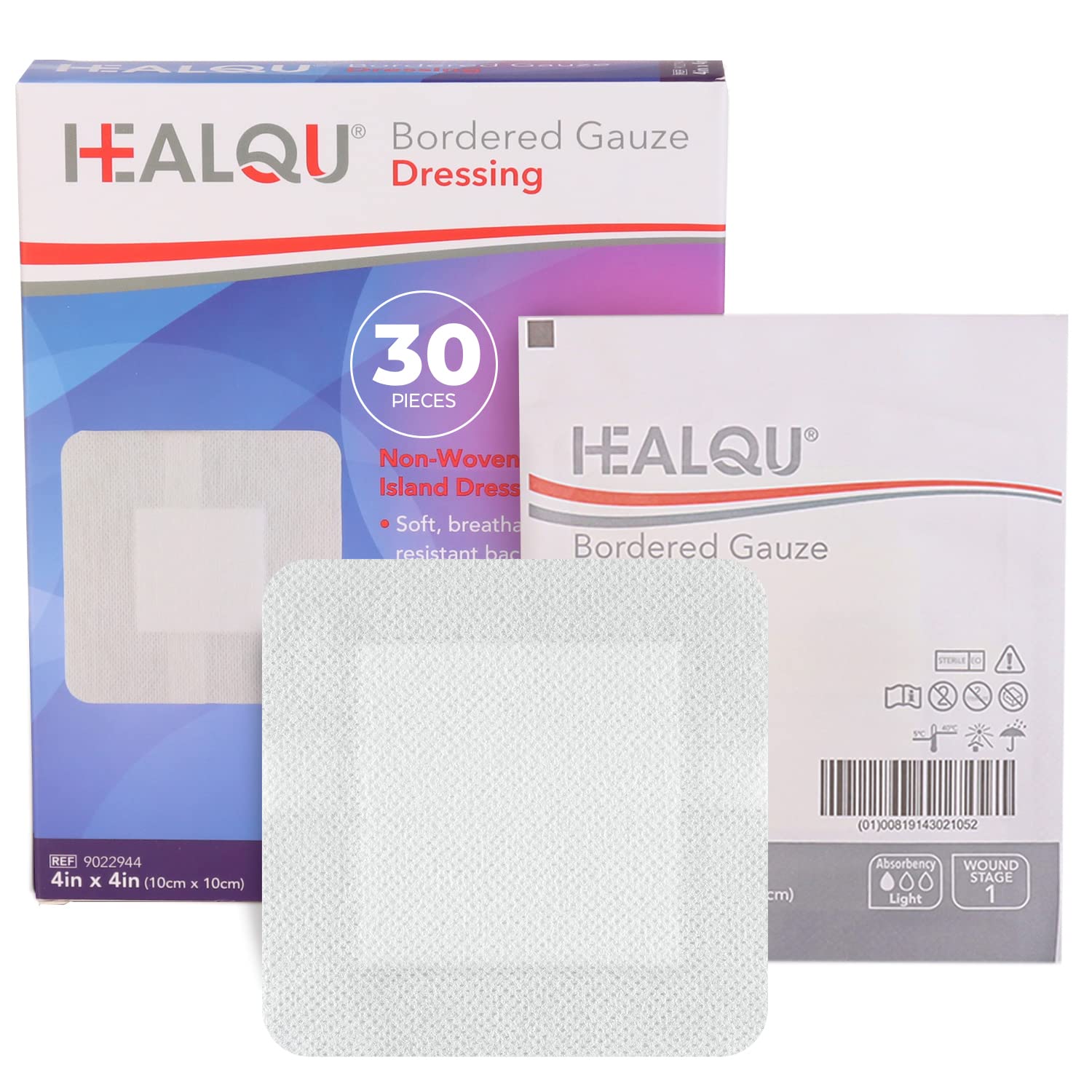 HEALQU Island Dressing - 4x4, 30 Count - Bordered Gauze Sterile Individually Wrapped Gauze Pads, Water-Resistant, Non-Woven Back