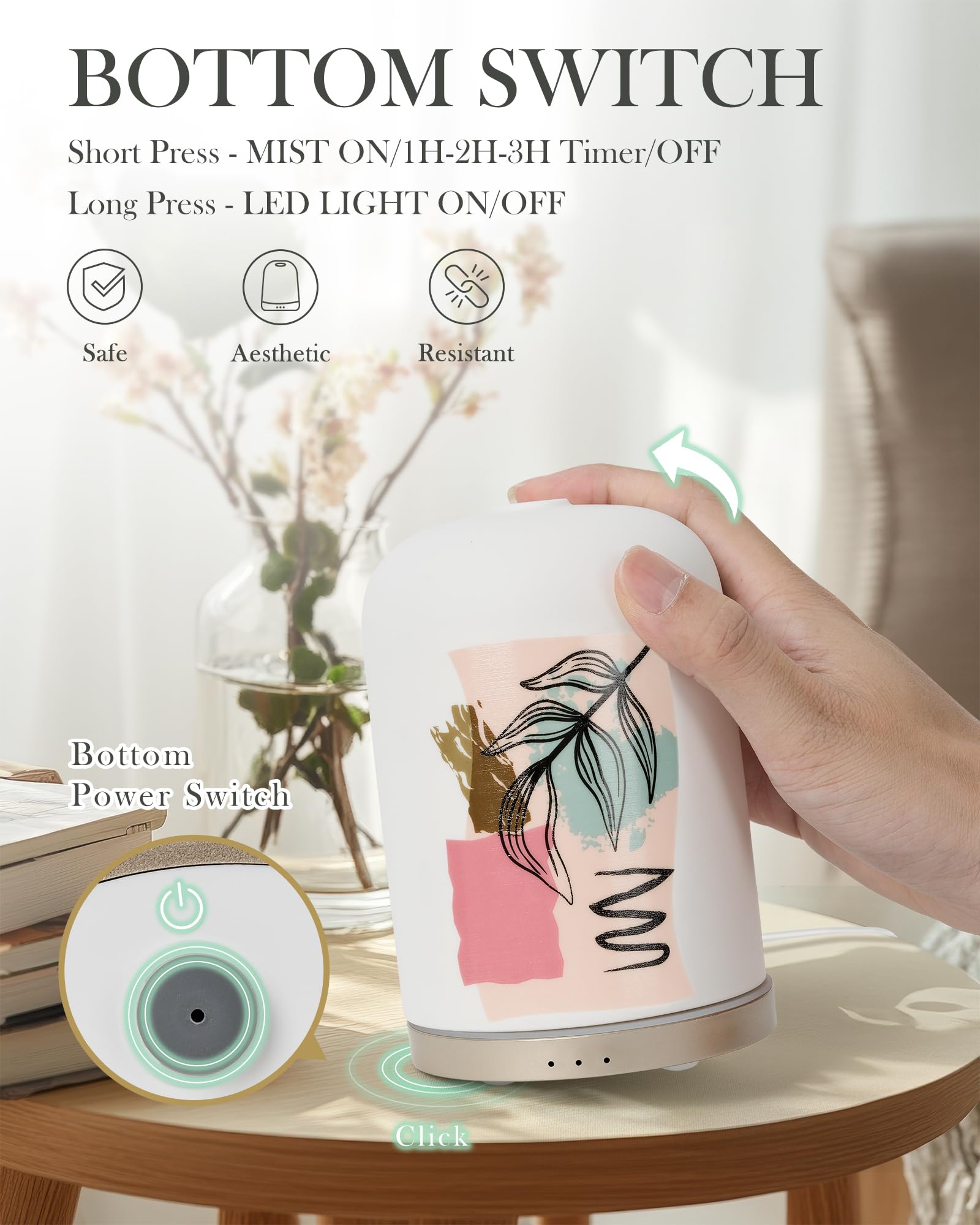 110ML Essential Oil Diffuser with Handmade Ceramic Cover, Aromatherapy Diffuser for Large Room, Quiet Ultrasonic Aroma Diffuser
