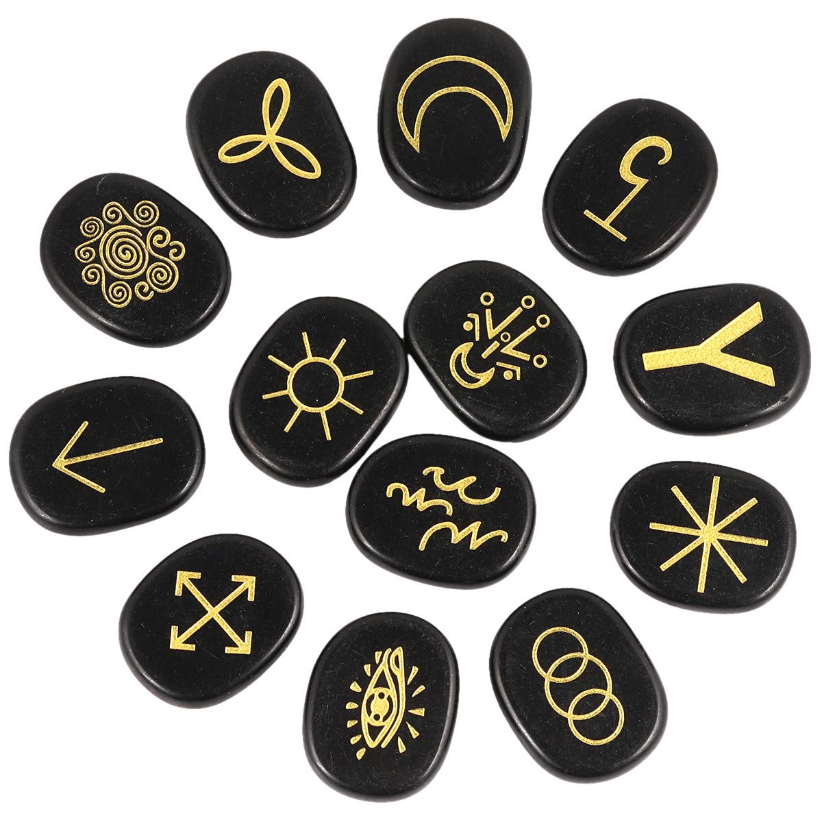 mookaitedecor Black Obsidian Witches Runes Set of 13, Healing Crystal Stone with Engraved Gypsy Symbol for Meditation Divination