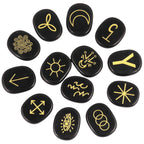 mookaitedecor Black Obsidian Witches Runes Set of 13, Healing Crystal Stone with Engraved Gypsy Symbol for Meditation Divination