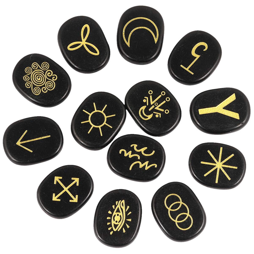 mookaitedecor Black Obsidian Witches Runes Set of 13, Healing Crystal Stone with Engraved Gypsy Symbol for Meditation Divination