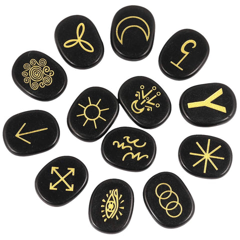 mookaitedecor Black Obsidian Witches Runes Set of 13, Healing Crystal Stone with Engraved Gypsy Symbol for Meditation Divination
