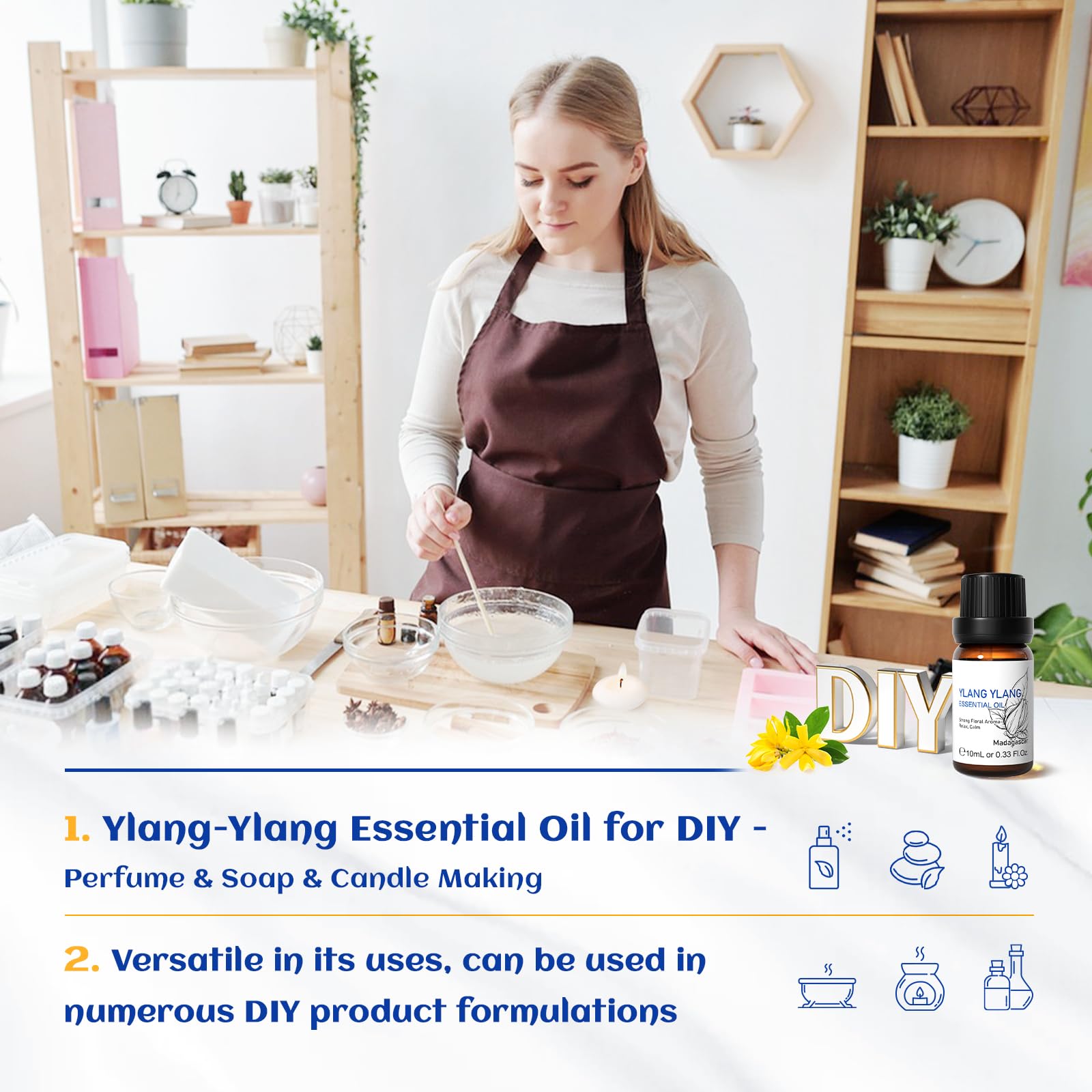 HIQILI 0.33 Fl Oz Ylang-Ylang Essential Oil, Long-Lasting Scent for Diffusers, Perfumes, Aromatherapy, DIY - 10 ML