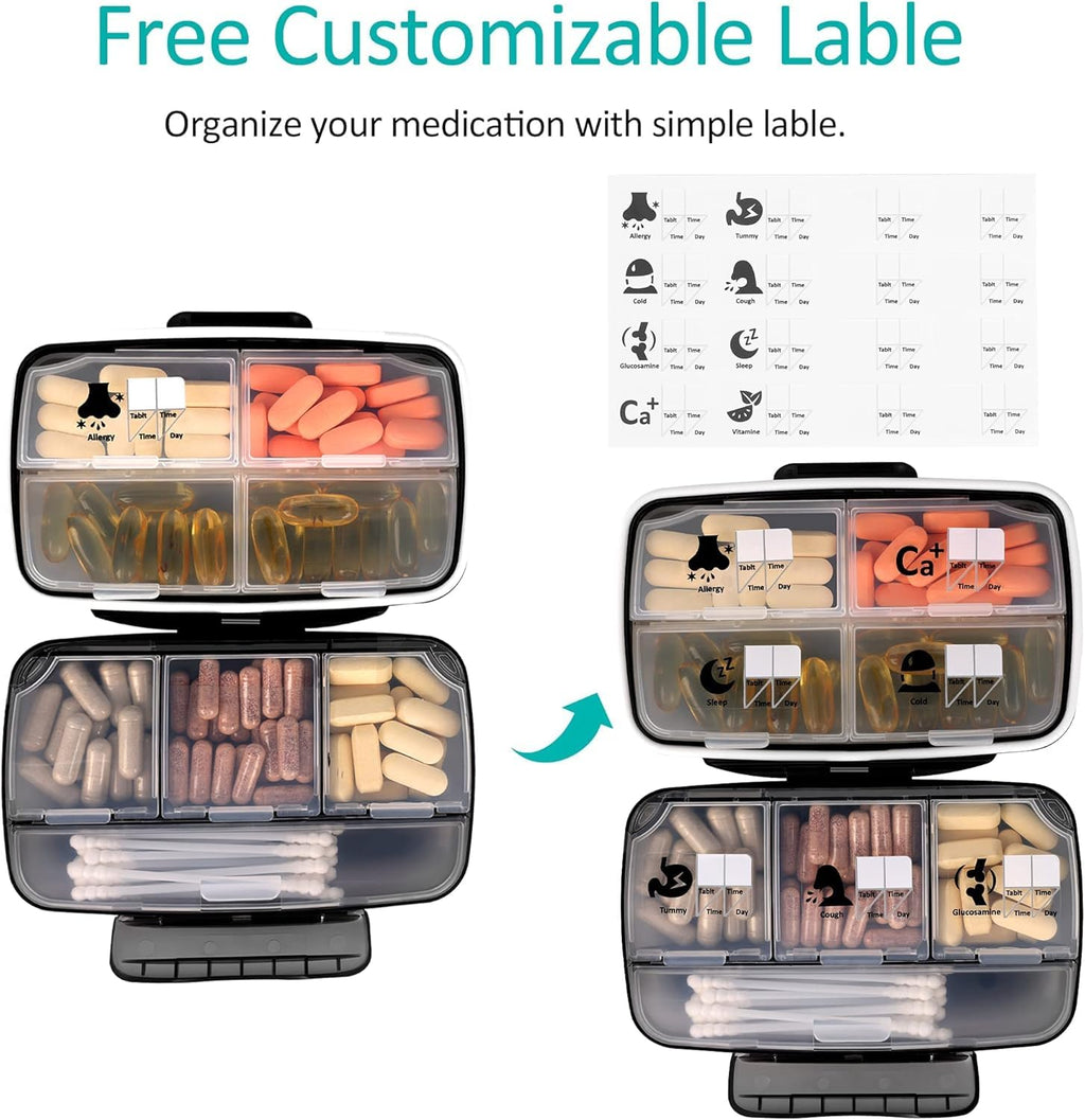 Travel Pill Organizer Large Portable Medication Fullicon Oversize 8 Compartment Pill Box, Vitamin Travel Case Pill Holder - Airt