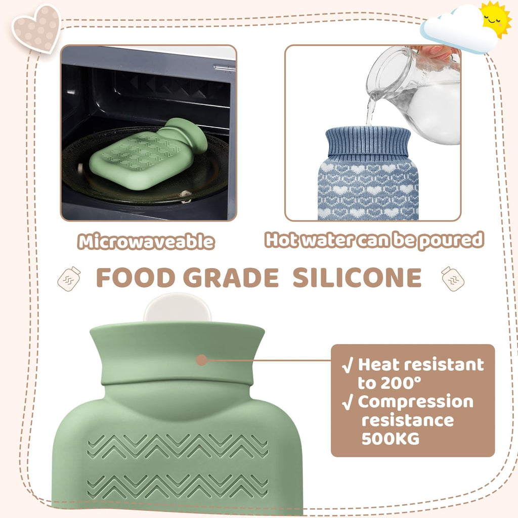 Amylove 3 Pcs Mini Hot Water Bottle for Hot & Cold Compress with Cover 320ml Silicone Microwave Heating Bottles Small Water Bag