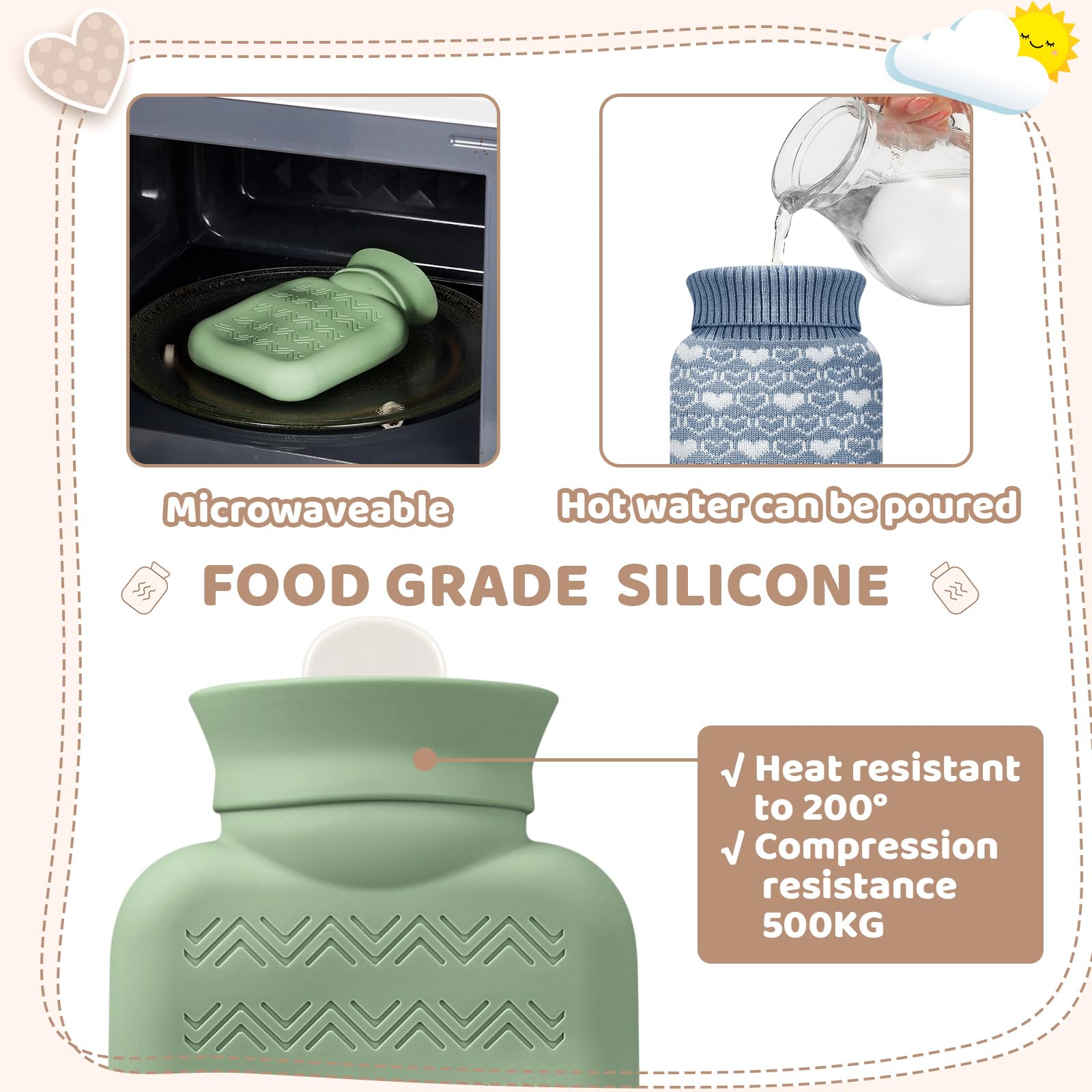 Amylove 3 Pcs Mini Hot Water Bottle for Hot & Cold Compress with Cover 320ml Silicone Microwave Heating Bottles Small Water Bag