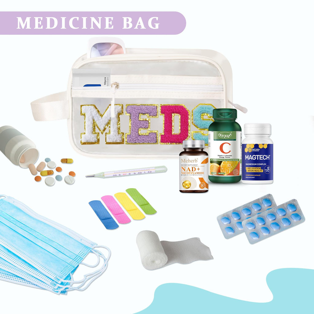 COSHAYSOO Clear MEDS Bag Medicine Zipper Pouch with Preppy Chenille Letter Patch, Small Medication Drug Pills Travel Storage Cas