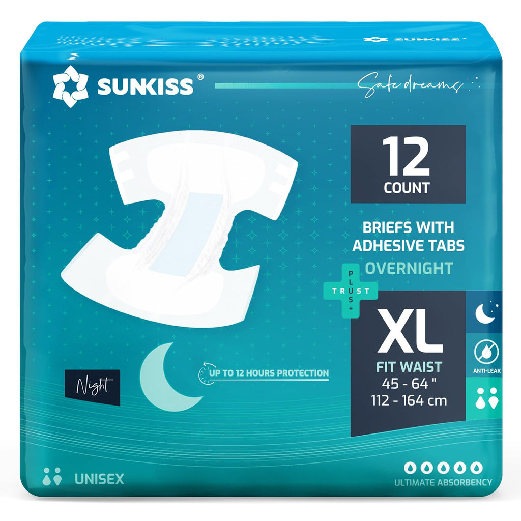 SUNKISS TrustPlus Overnight Adult Diapers with Ultimate Absorbency, Unisex Disposable Incontinence Briefs with Tabs for Men and 