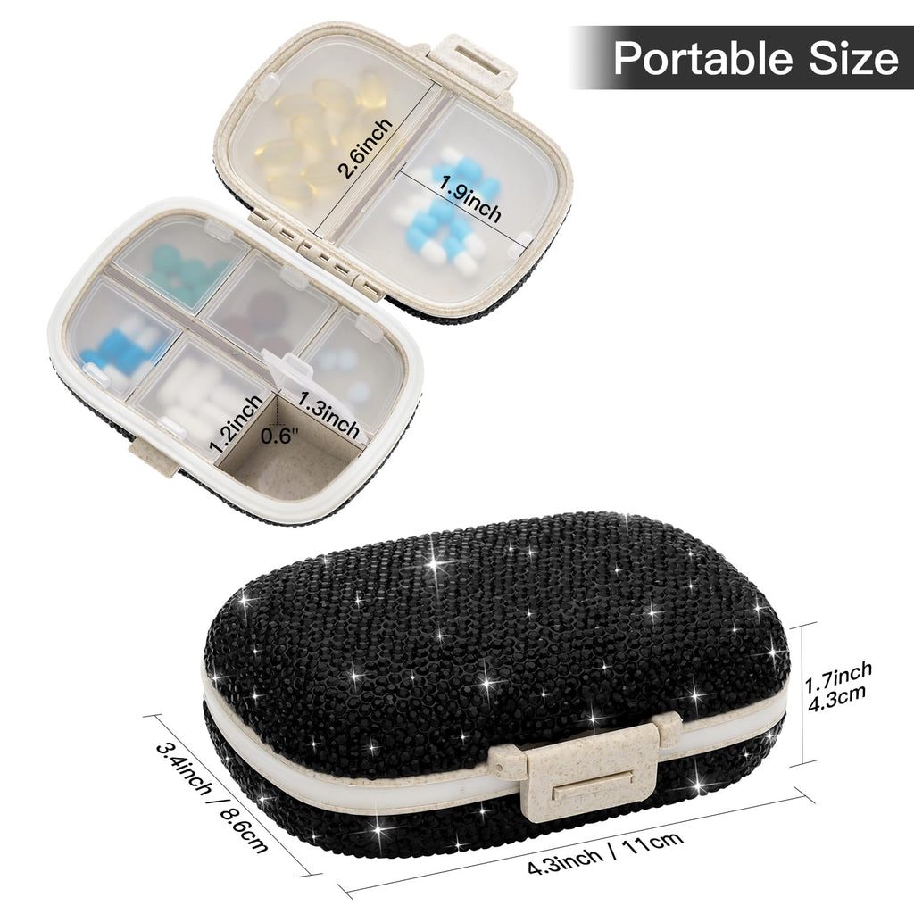 Soleebee Portable 8 Compartments Daily Pill Organizer, Bling Crystal Diamond Pill Box, Small Travel Pill Case, Pill Dispenser, M
