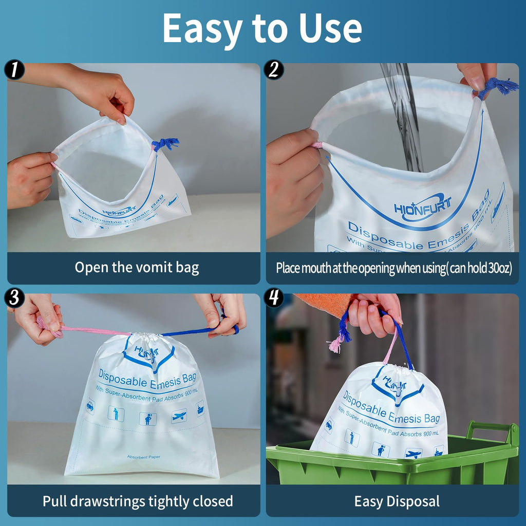 Hionfurt Absorbent Vomit Bag Disposable,12Pcs Emesis Bags-Turns Vomit into Gel,Leak Resistant Barf Bag,900ml Portable Nausea Bag