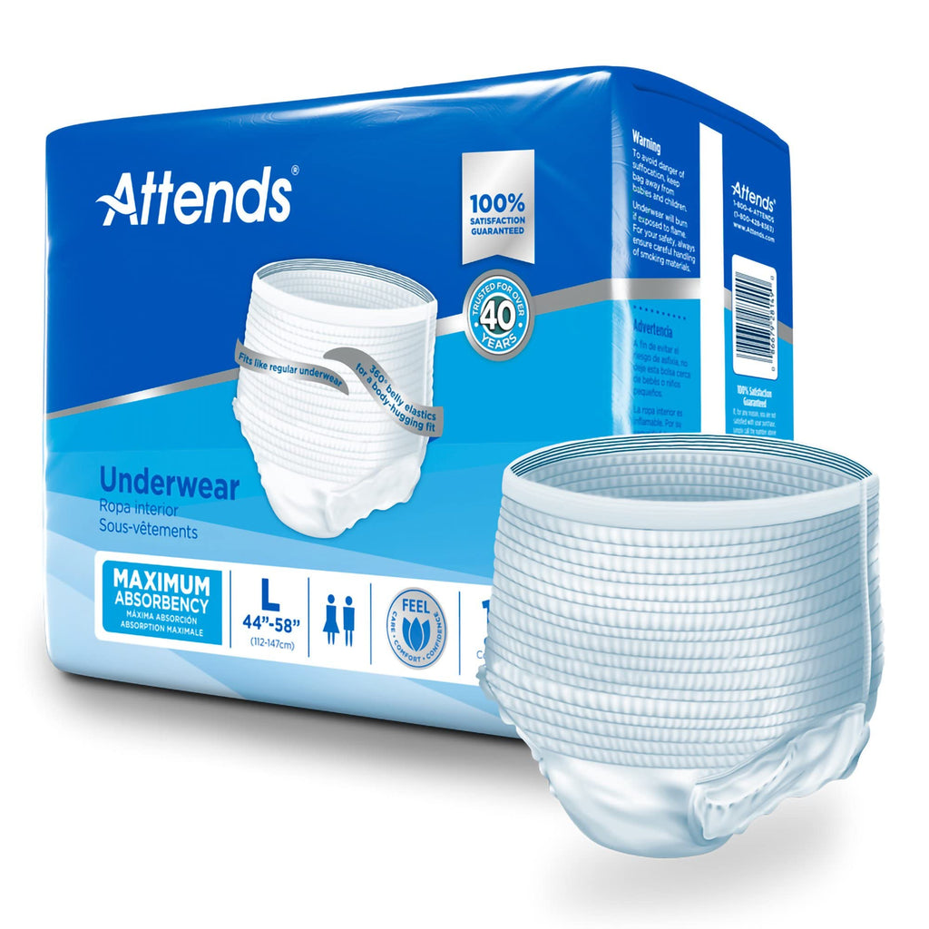 Attends Protective Underwear with DermaDry Technology for Adult Incontinence Care, Unisex, Large, White, 72 Count, Pack of 4