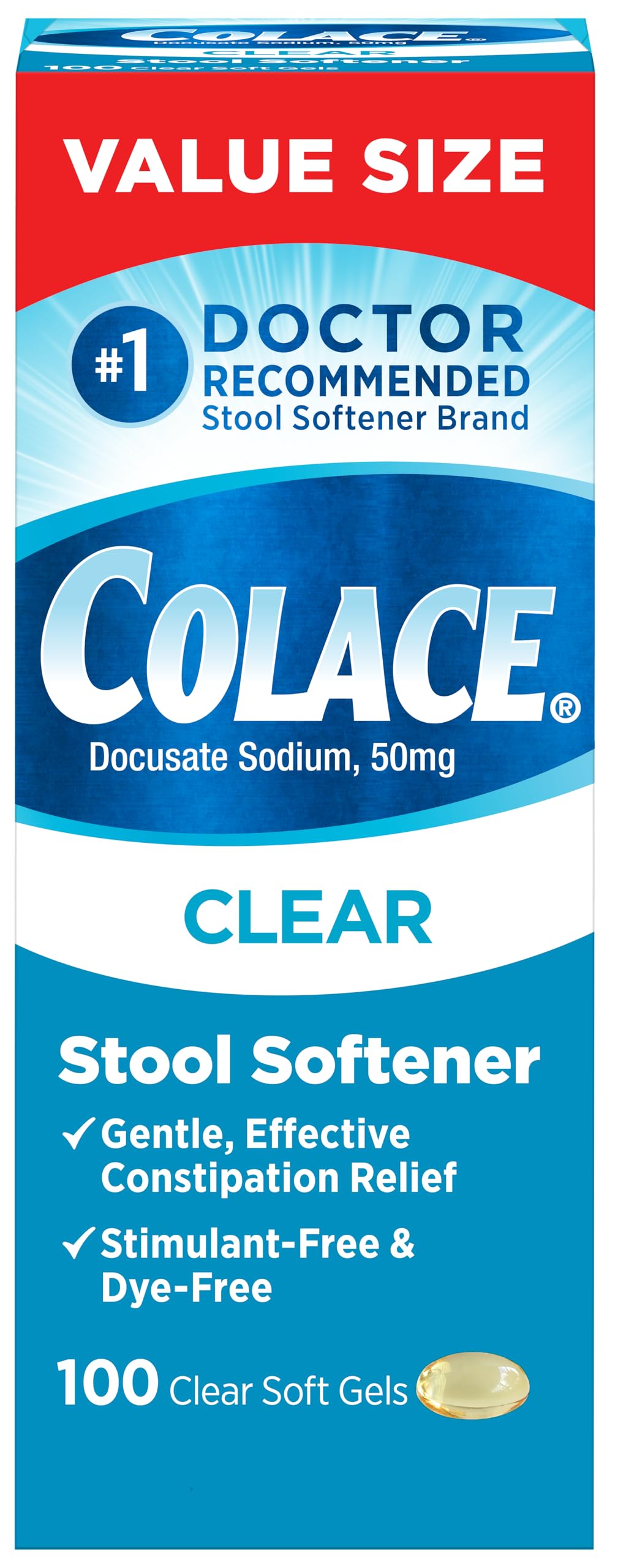 Colace Clear Stool Softener for Gentle Effective Constipation Relief, #1 Doctor Recommended Stool Softener Brand, Dye Free, 50 m
