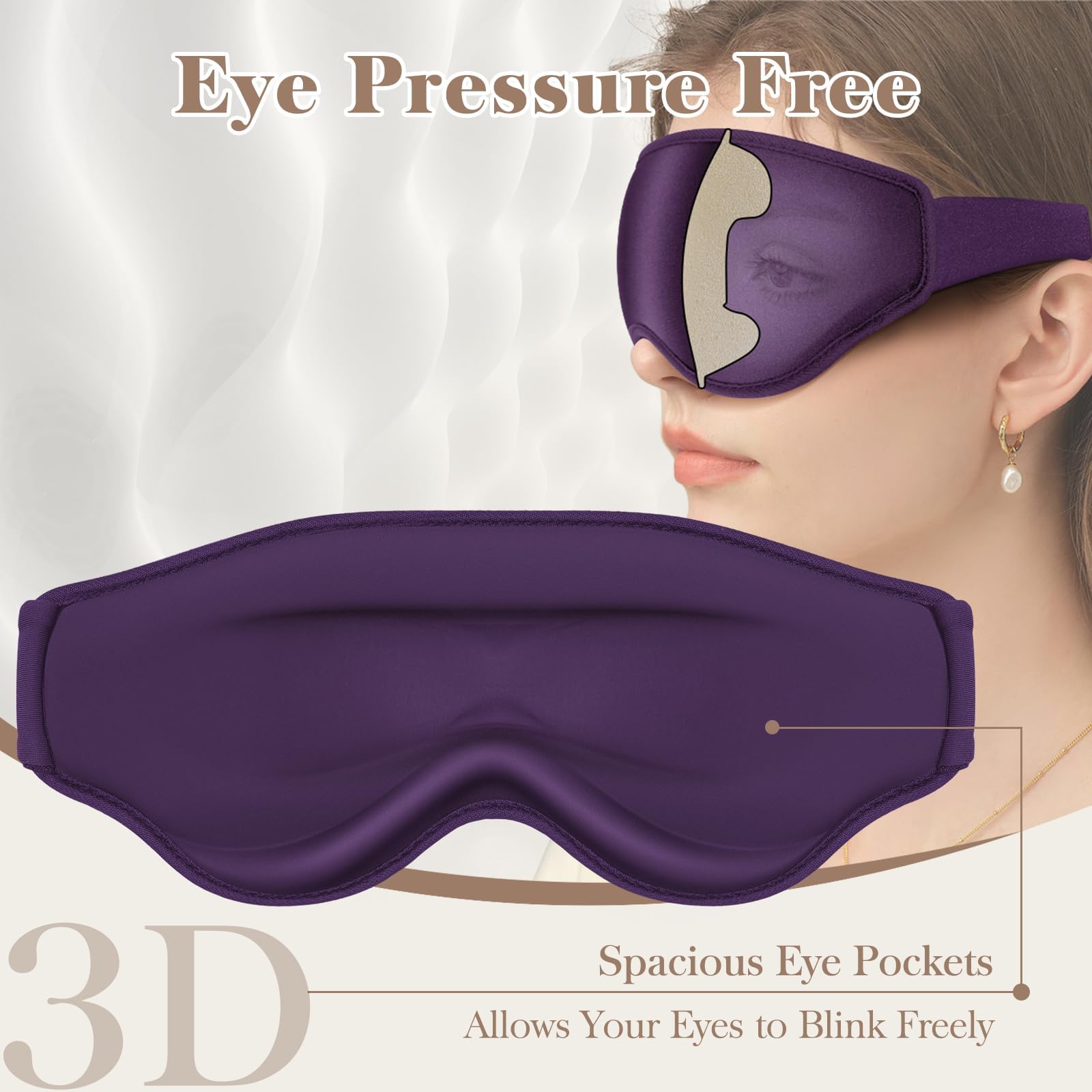 FYGRIP 3D Eye Mask, Ultra Comfort, 100% Pressure-Free & Light Block-Out, Easy Adjustable Strap, Purple, Sleep Mask for Men & Wom