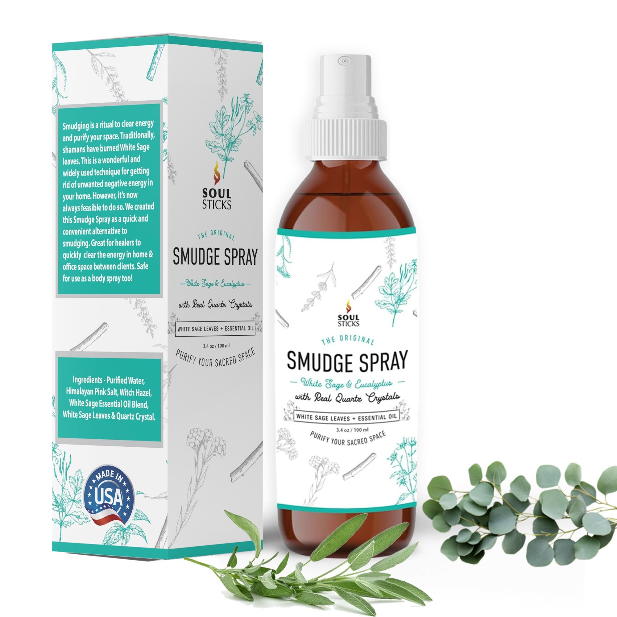 Soul Sticks White Sage & Eucalyptus Smudge Spray - 3.5oz Smokeless Energy Mist with Quartz Crystals - Essential Oil Spray for Fo