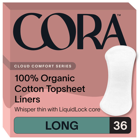 Cora Period Long Liners | 100% Organic Cotton Topsheet | Ultra Thin, Quick Absorbency | Hypoallergenic | Dermatologically Tested