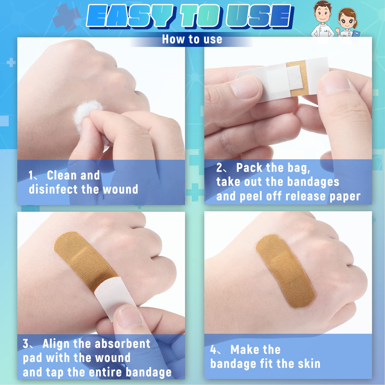 Supervitae 500 Pcs Adhesive Bandages Assorted Sizes Flexible Breathable Bandages Patch for Family First Aid Skin Wrap Finger Wou