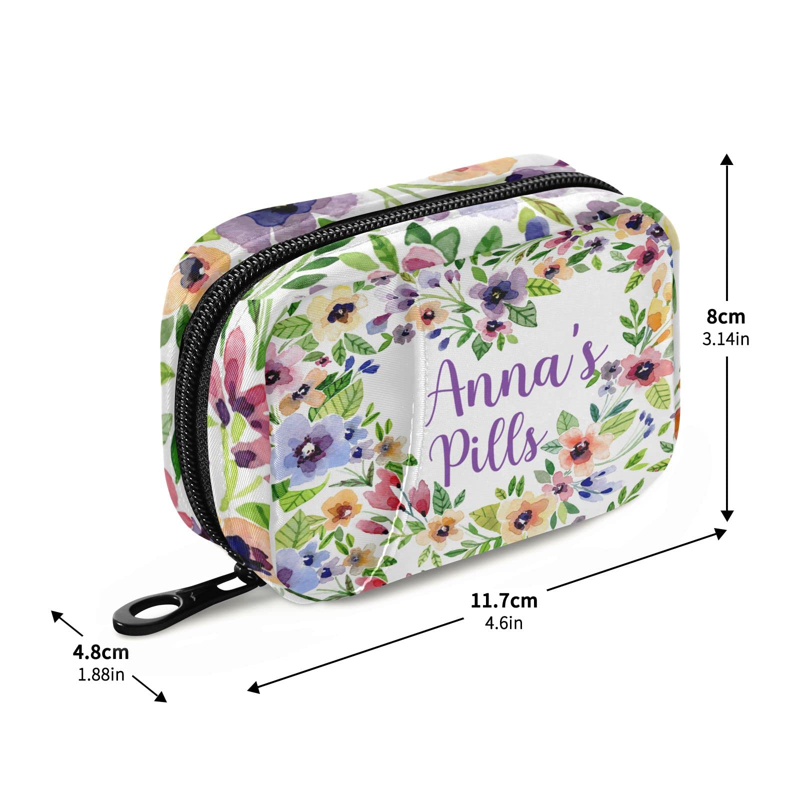Custom Pill Box 7 Day Pill Case Bag Watercolor Spring Flowers Personalized Name Travel Pill Organizer Bag with Zipper Portable W