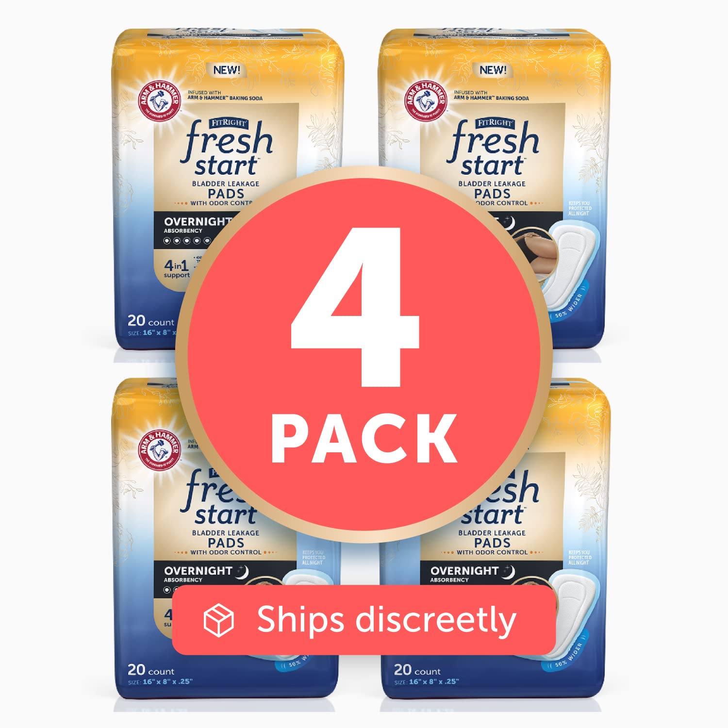 FitRight Fresh Start Postpartum and Incontinence Pads for Women, Overnight Absorbency (80 Count) Bladder Leakage Pads with The O