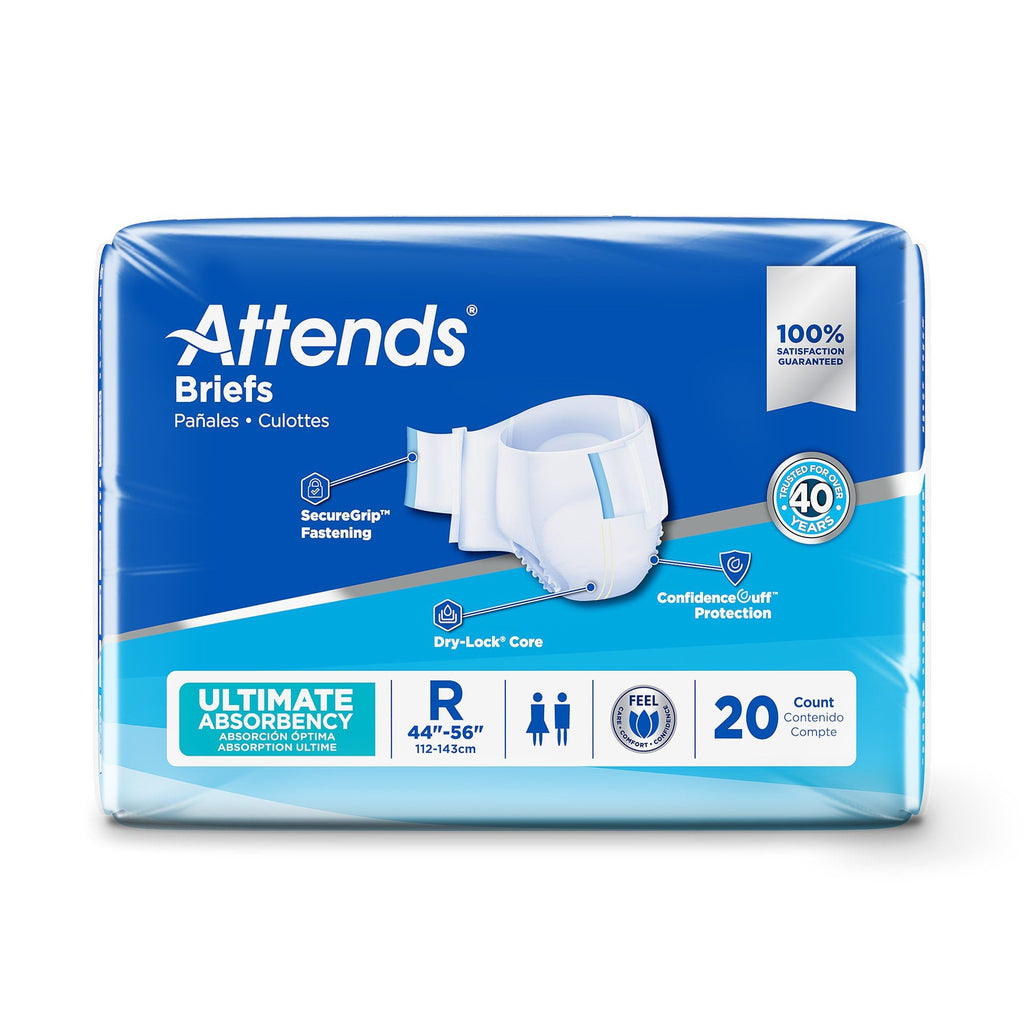 Attends Adult Unisex Disposable Briefs, Regular, 44-56 Waist with SecureGrip Tab Closure, Ultimate Absorbency, Breathable Materi