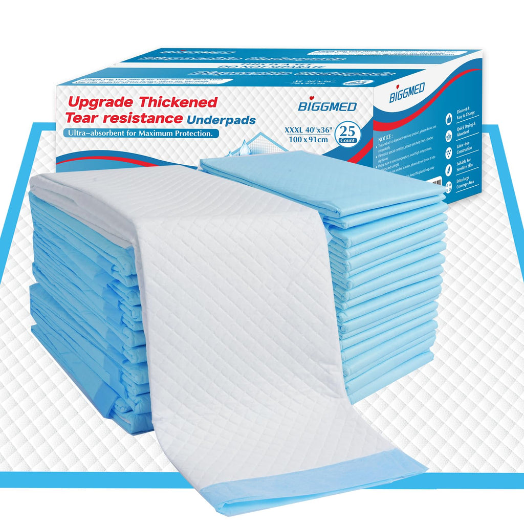 BIGGMED Tear-Resistant Incontinence Bed Pads 40 x 36 130 Gram Heavy Duty (25 Count) Disposable Underpads Chucks Pads for Adu