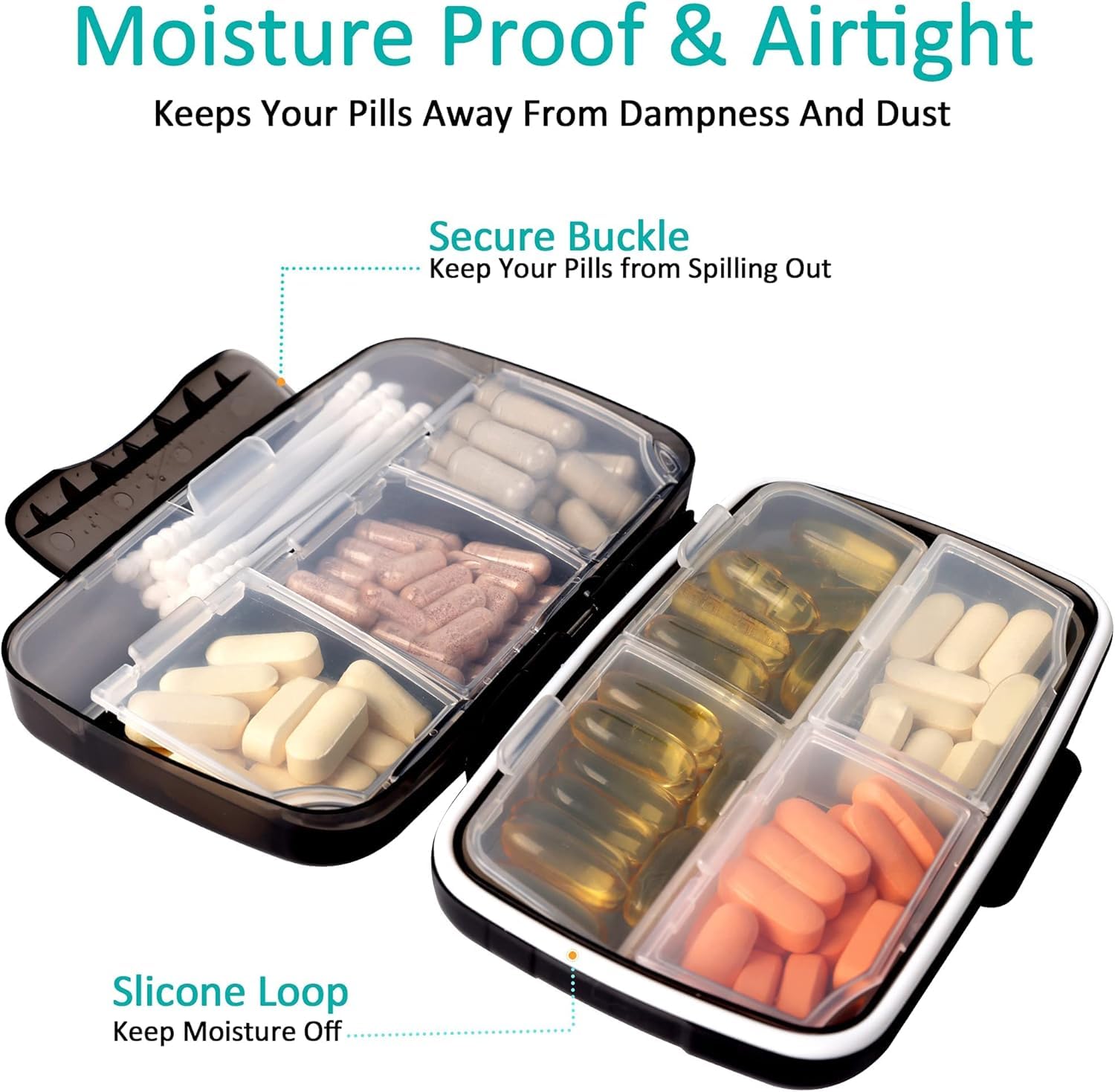 Travel Pill Organizer Large Portable Medication Fullicon Oversize 8 Compartment Pill Box, Vitamin Travel Case Pill Holder - Airt