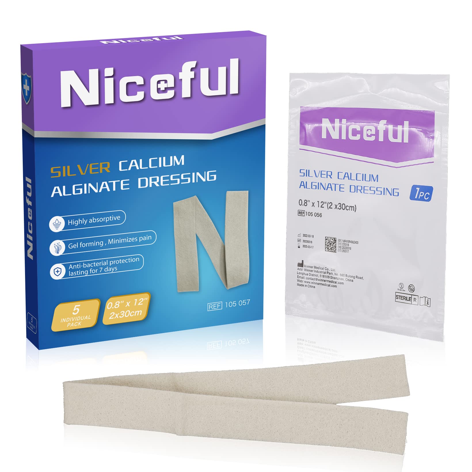 Niceful 5 Pcs Silver Calcium Alginate Wound Dressing 0.8x12, Ag Calcium Alginate Rope with Silver, HSA FSA Eligible, High Absorb