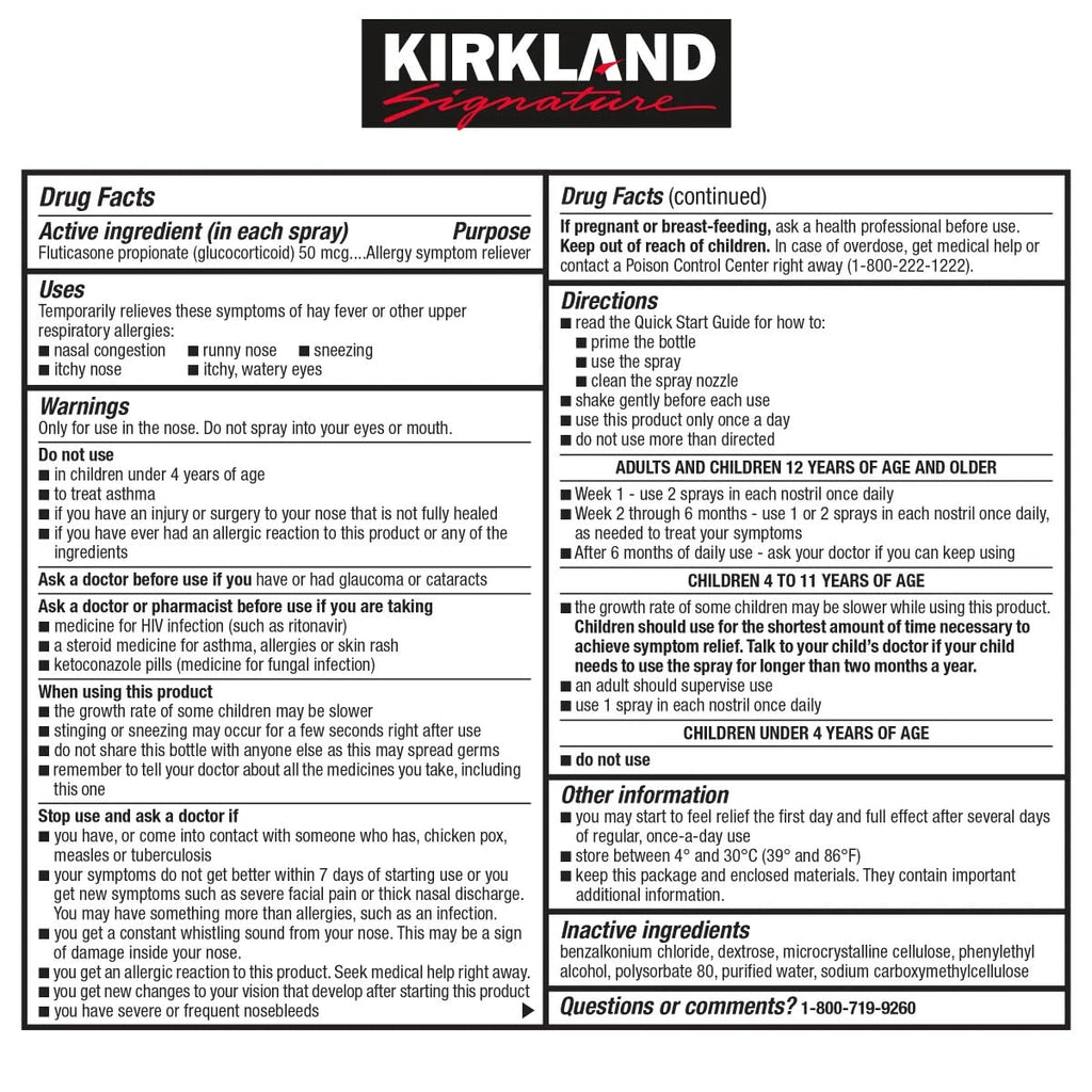 Kirkland Signature Aller-Flo Fluticasone Propionate (Glucorticoid) 5 Bottles x 144 Metered Sprays 0.62 Fl OZ per Bottle, 700 Tot
