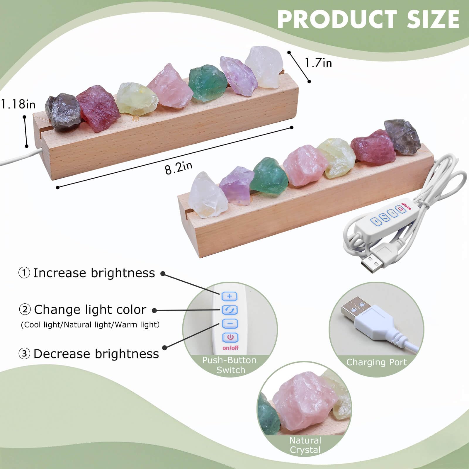 HYAMVOR Healing Crystal Night Light,7 Chakra Stones Bedside Lamp,Mood Light with Wooden LED Light Base,Healing Stones Positive E