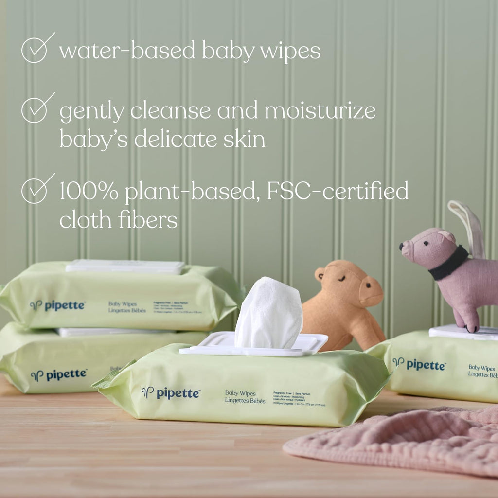 Pipette Baby Wipes | Natural Plant-Derived Fibers | Unscented, Water-Based & Alcohol-Free for Sensitive Skin | Newborn Essential