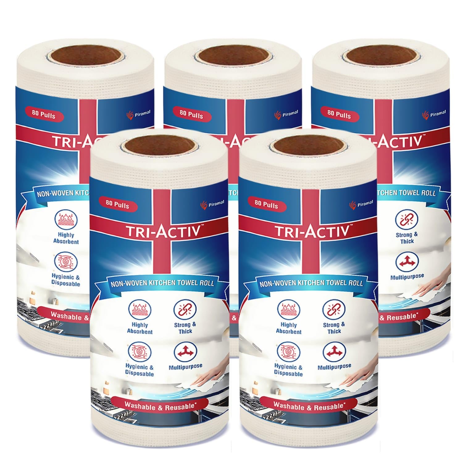 TriActiv Washable & Reusable Kitchen Towel Roll | 80 Pulls Per Roll, 400 Sheets Pack Of 5 | Highly Absorbent Kitchen Tissue Rol