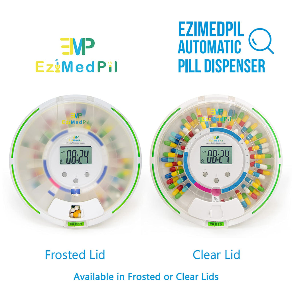 EziMedPil Automatic Pill Dispenser with Alarm, Sound & Light, up to 6 Alarms/Day, 6 Dosage Templates, Easy-Read Display, Frosted