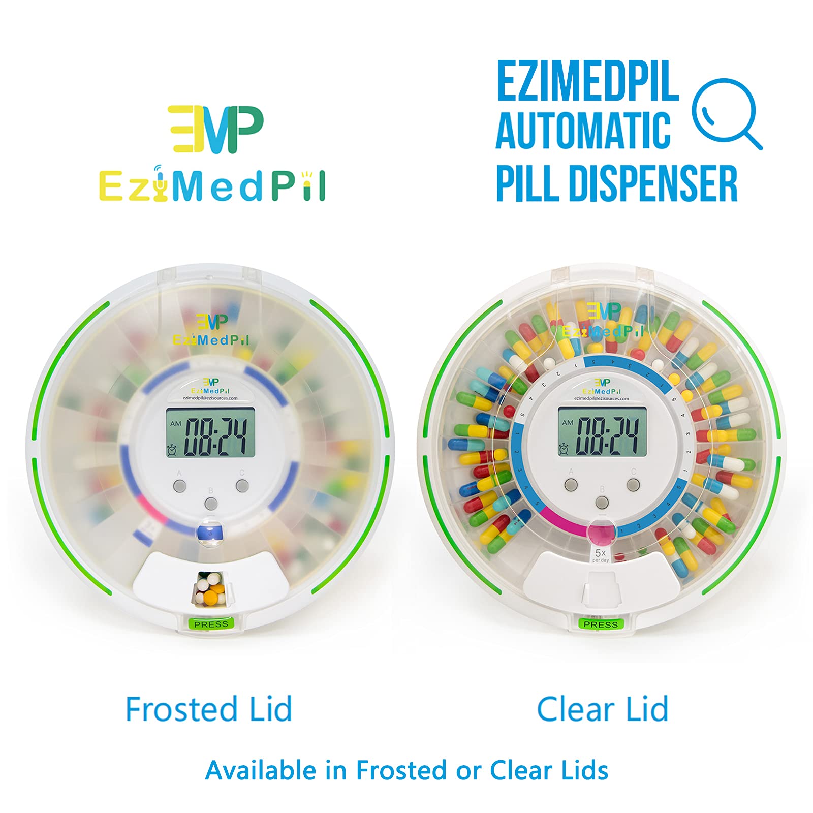 EziMedPil Automatic Pill Dispenser with Alarm, Sound & Light, up to 6 Alarms/Day, 6 Dosage Templates, Easy-Read Display, Frosted