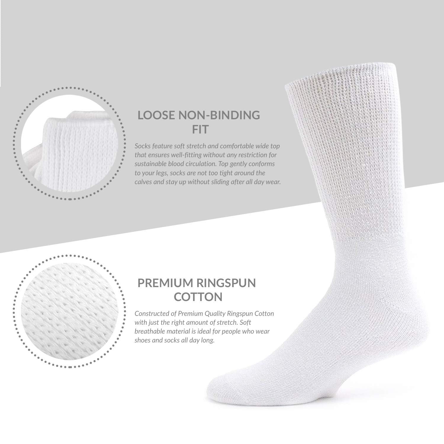 3 Pairs of Premium Cotton Loose Top Diabetic Neuropathy Crew Socks (9-11, White)