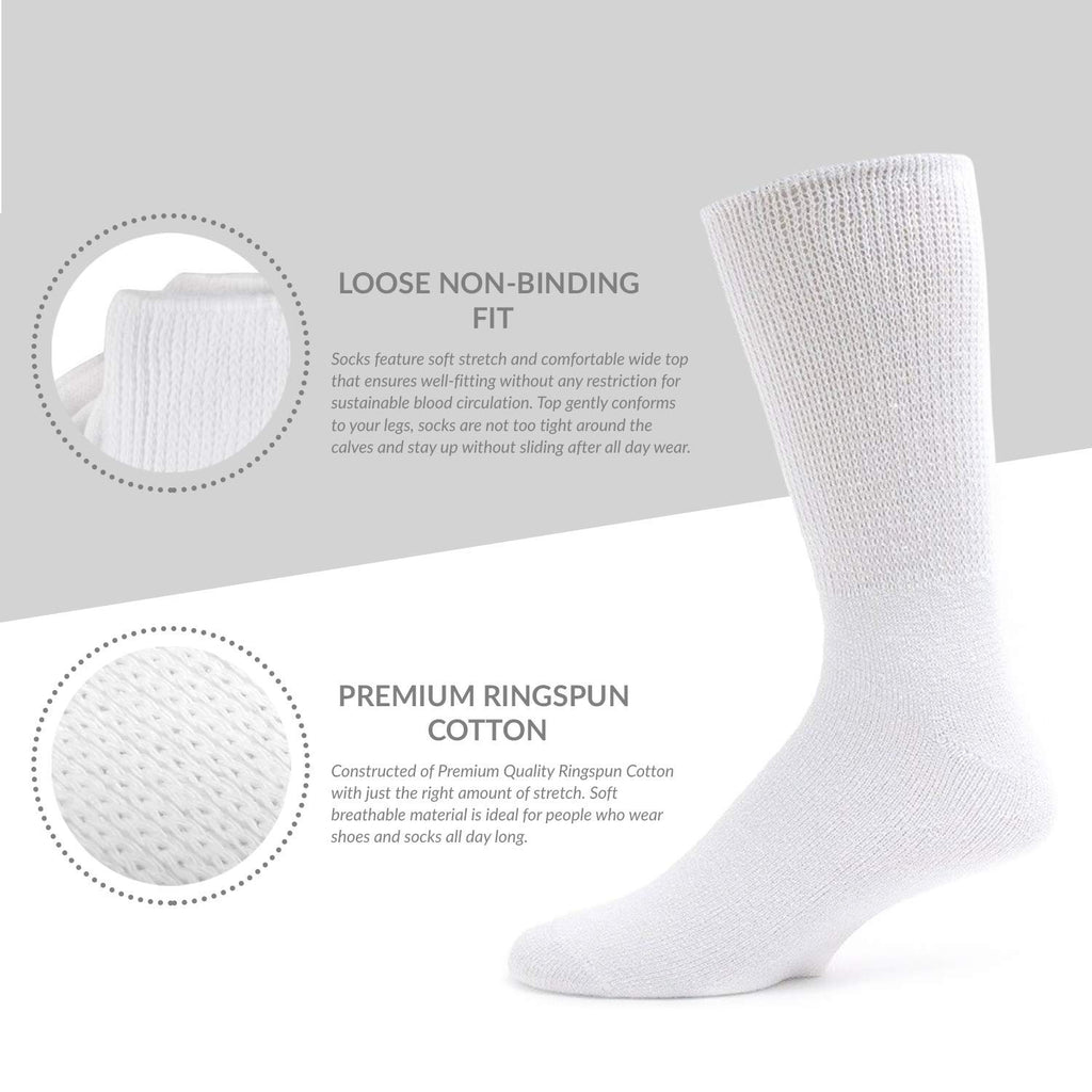 3 Pairs of Premium Cotton Loose Top Diabetic Neuropathy Crew Socks (9-11, White)