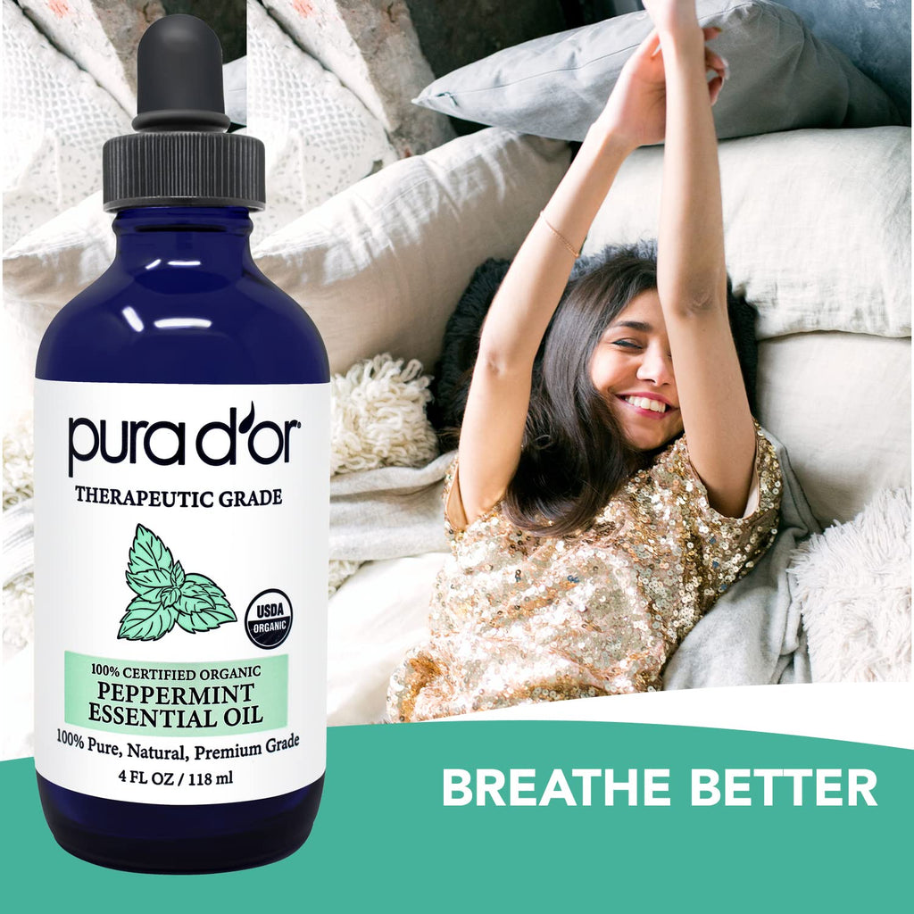PURA DOR Organic Peppermint Essential Oil (4oz with Glass Dropper) 100% Pure & Natural Therapeutic Grade - Hair, Body, Skin, Ar