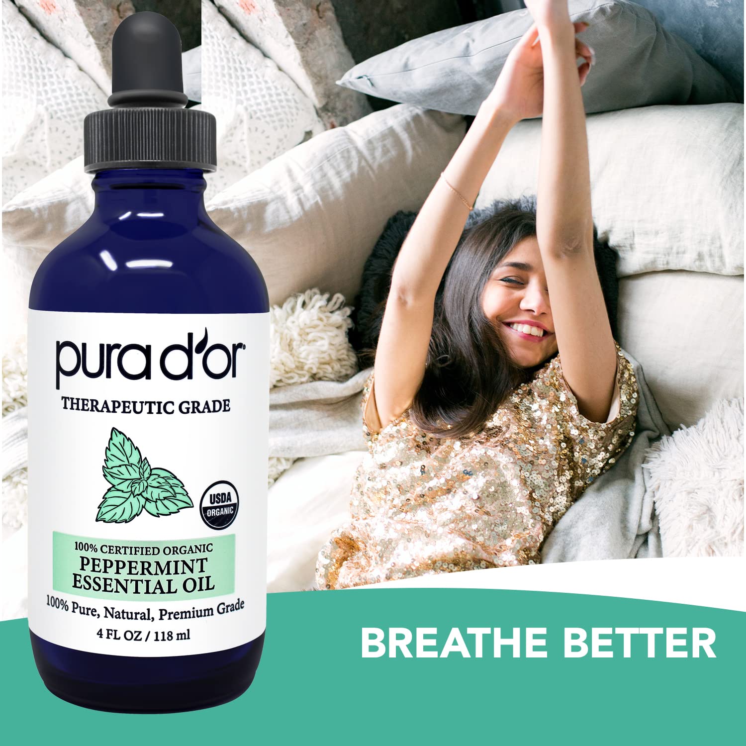 PURA DOR Organic Peppermint Essential Oil (4oz with Glass Dropper) 100% Pure & Natural Therapeutic Grade - Hair, Body, Skin, Ar