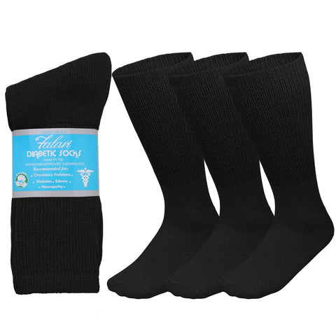 Falari 3-Pack Physicians Approved Diabetic Socks Cotton Non-Binding Loose Fit Top Help Blood Circulation 9-11 Crew Length - Blac