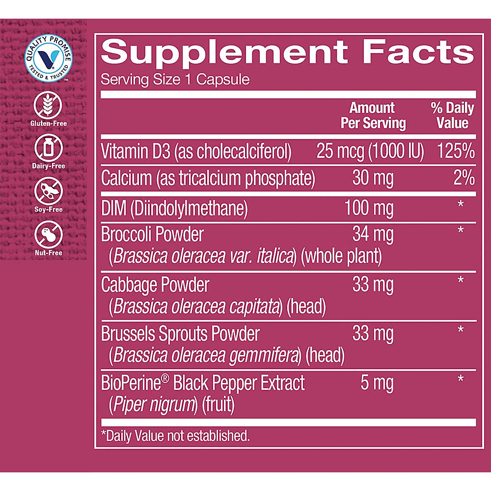 The Vitamin Shoppe DIM 100MG with Bioperine Black Pepper Extract, Supports Estrogen Metabolism for Womens Health (60 Capsules)