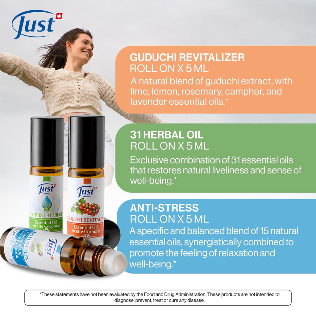Swiss JUST Essential Oil - 3 Piece Set - Relaxation Trio for Sense Aromatherapy Bliss - 31 Herbal Oil, Guduchi, and Anti-Stress