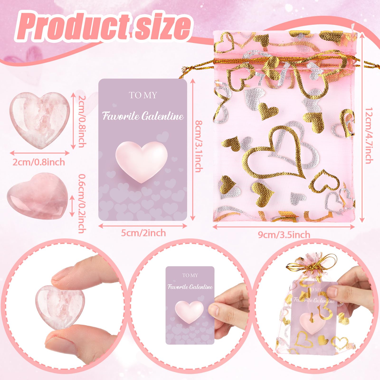 Layhit 72 Pcs Valentines Galentine Gift Bulk Crystals Pink Rose Quartz Hearts Gifts Galentine Rose Quartz Mini Worry Stone Gemst