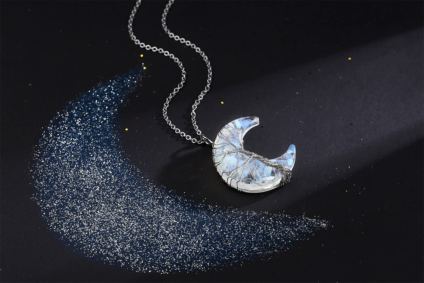 MAIBAOTA Opal Stone Necklace Healing Crystals Tree Life Wire Wrapped Crescent Moon Phase Pendant Necklace Mothers Day Gifts for