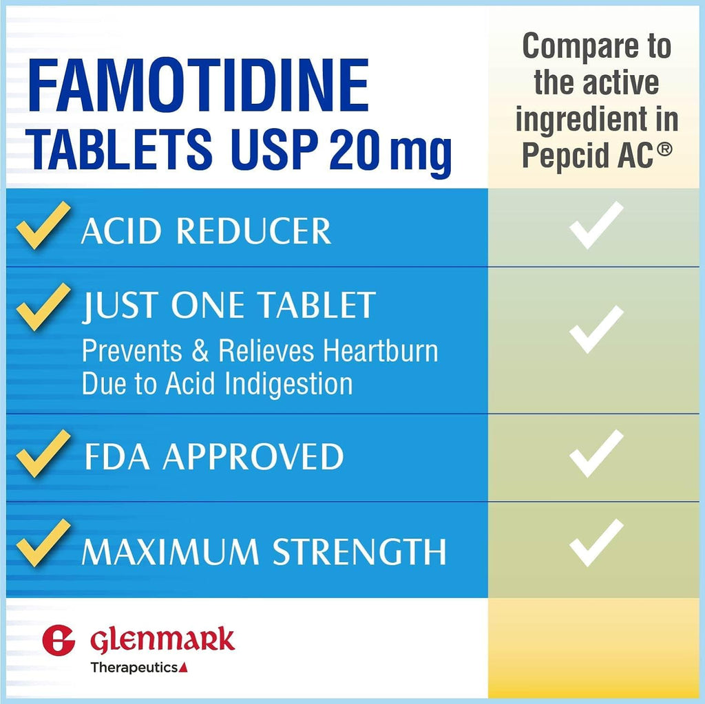 Glenmark Original Strength Famotidine Tablets, 20 mg, Acid Reducer for Heartburn Relief, 100 Count