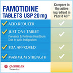 Glenmark Original Strength Famotidine Tablets, 20 mg, Acid Reducer for Heartburn Relief, 100 Count