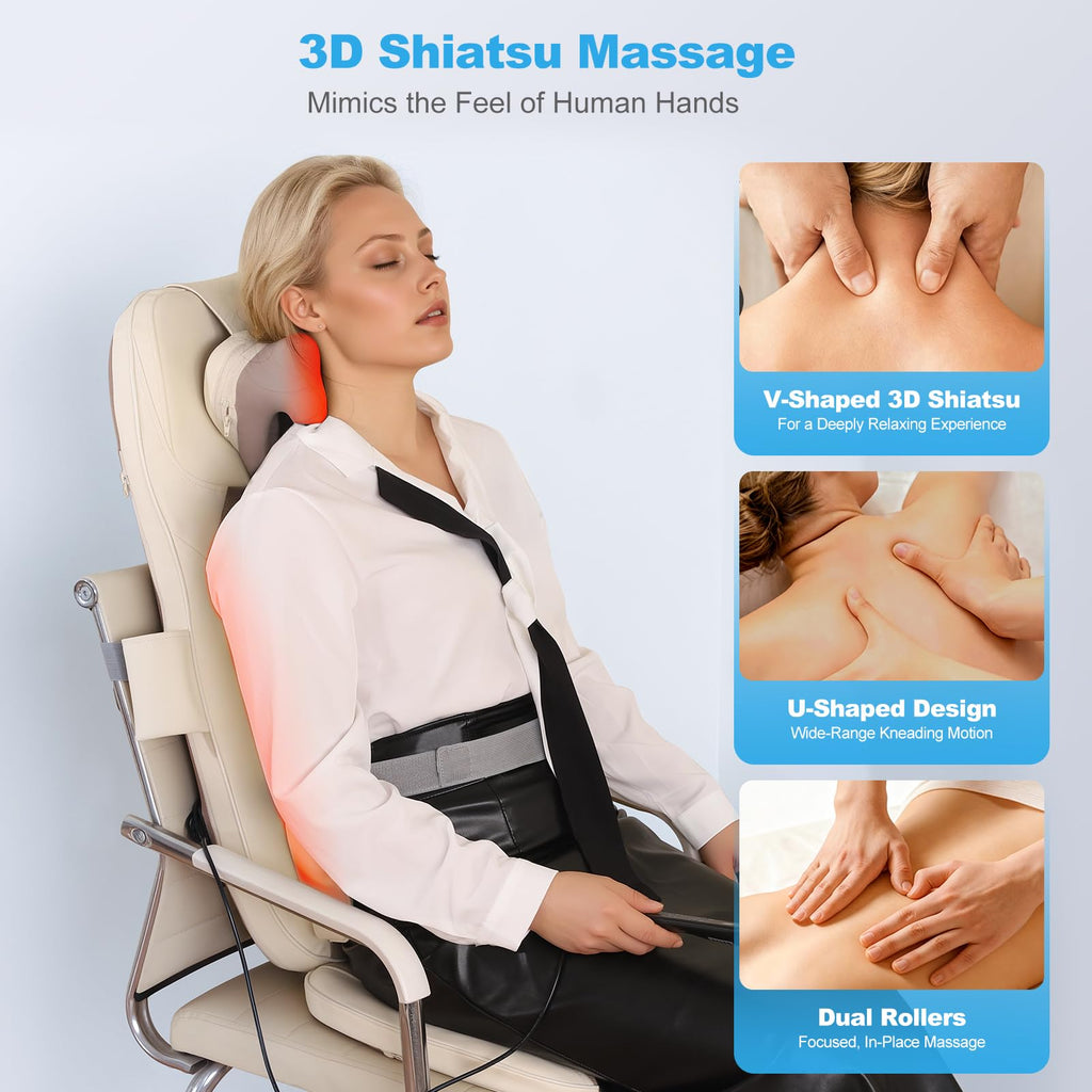 Eagye Shiatsu Neck and Back Massager with Heat - 3D Kneading & Vibration Full-Back Massage Cushion to Ease Muscle Stiffness, Adj