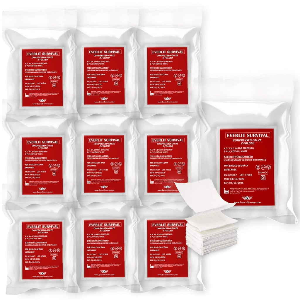 Everlit [10 Pack] Z-Folded Compressed Sterile Gauze 4.5 x 4.1 Yards, 6-Ply White Cotton, Essential First Aid and Stop The Bleed 