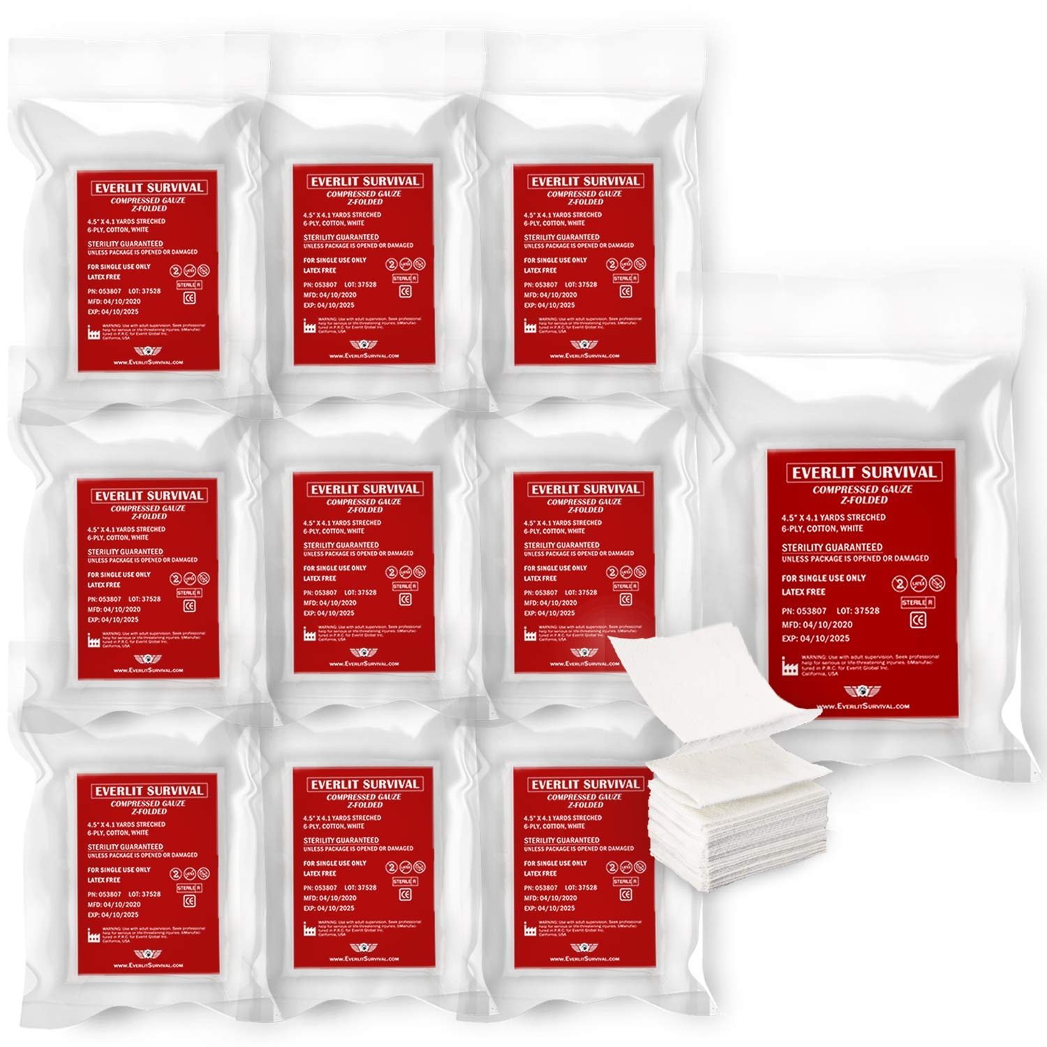 Everlit [10 Pack] Z-Folded Compressed Sterile Gauze 4.5 x 4.1 Yards, 6-Ply White Cotton, Essential First Aid and Stop The Bleed 