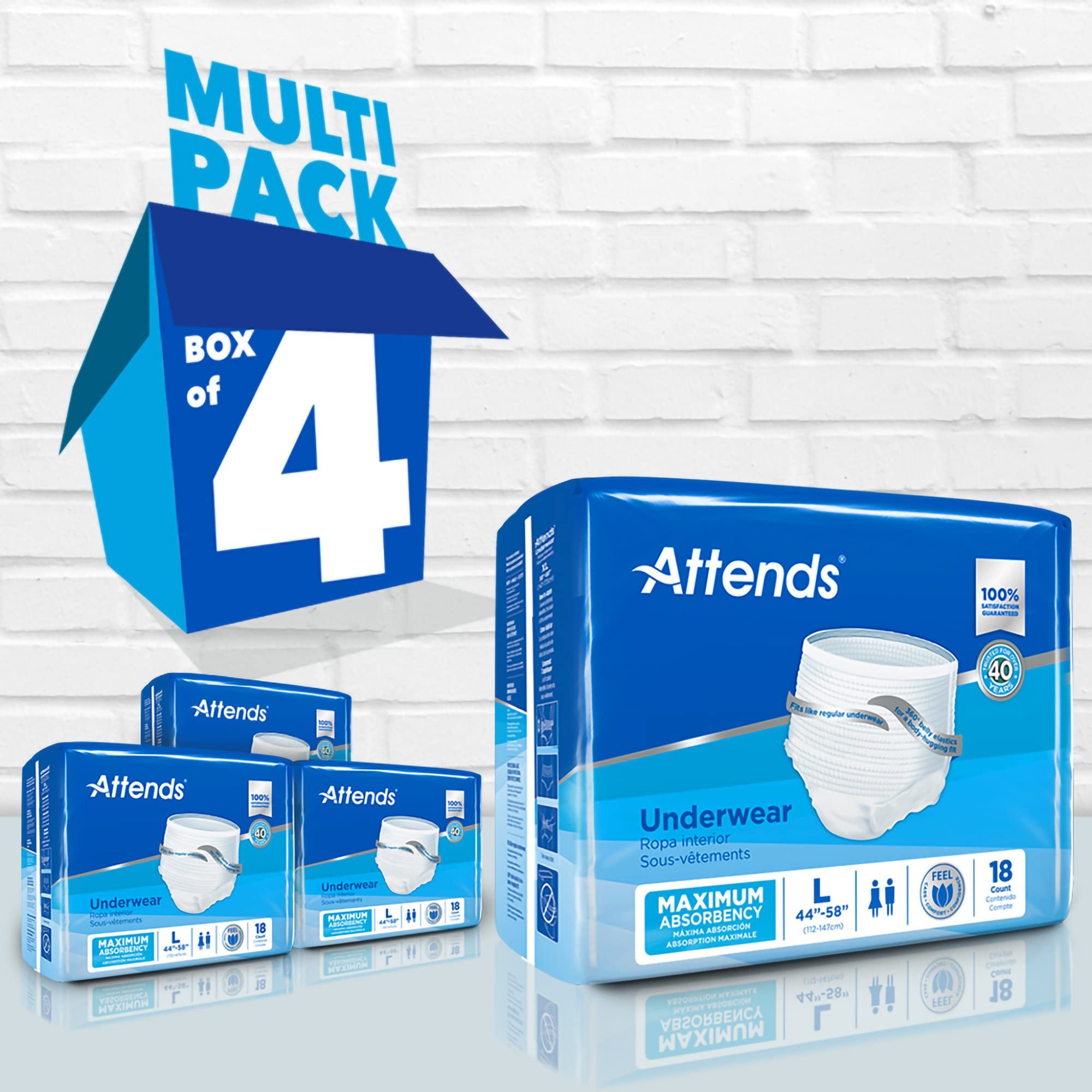 Attends Protective Underwear with DermaDry Technology for Adult Incontinence Care, Unisex, Large, White, 72 Count, Pack of 4
