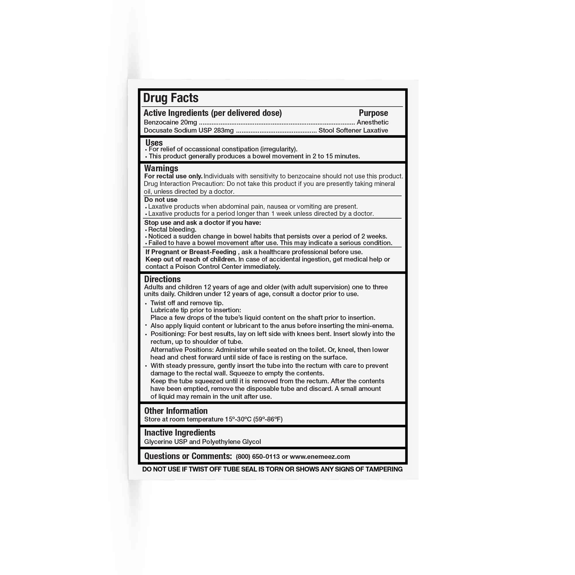 Enemeez Enema for Constipation Fast Acting Relief, 283mg Docusate Sodium, 20mg Benzocaine Enema, 30 Count, Effective for Constip