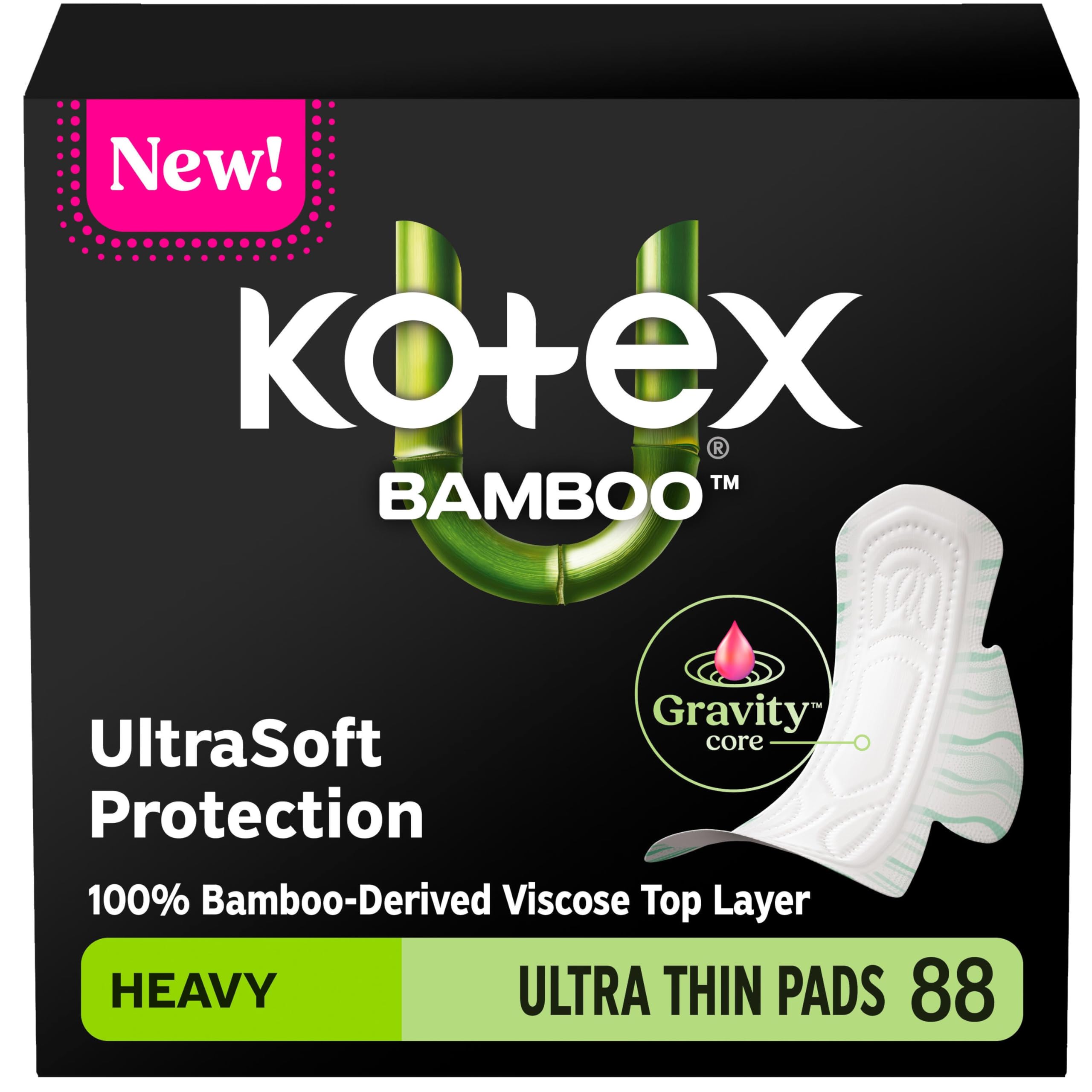 Kotex Bamboo Ultra Thin Pads with Wings, Heavy Absorbency, 88 Count (2 Packs of 44)(Packaging May Vary)