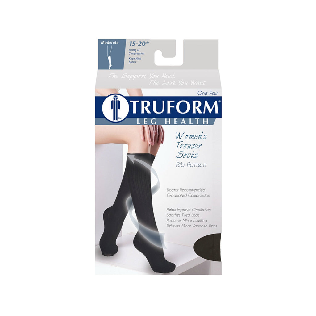 Truform Compression Socks, 15-20 mmHg, Women's Dress Socks, Knee High Over Calf Length, Black Rib Knit, Small